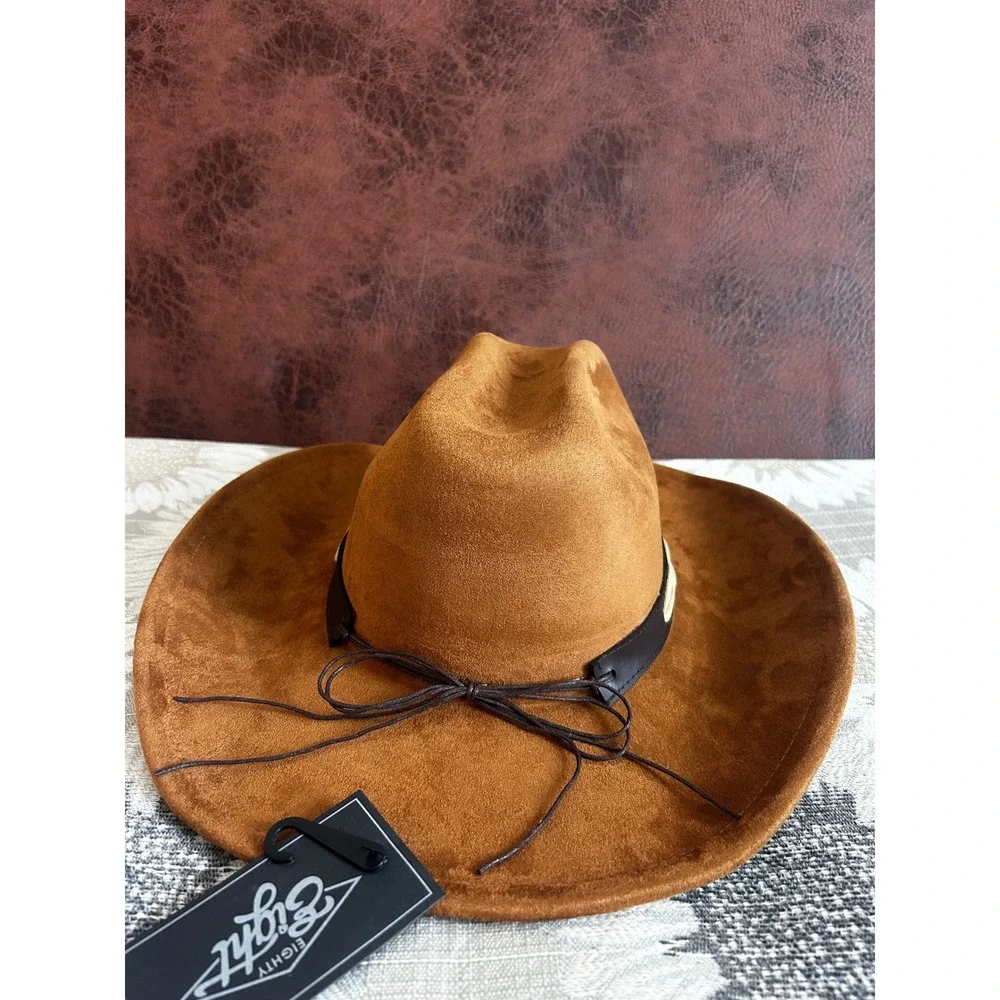 Eighty Eight‎ Brown Faux Suede Cowboy Hat with Bull Concho and Whipstitch
